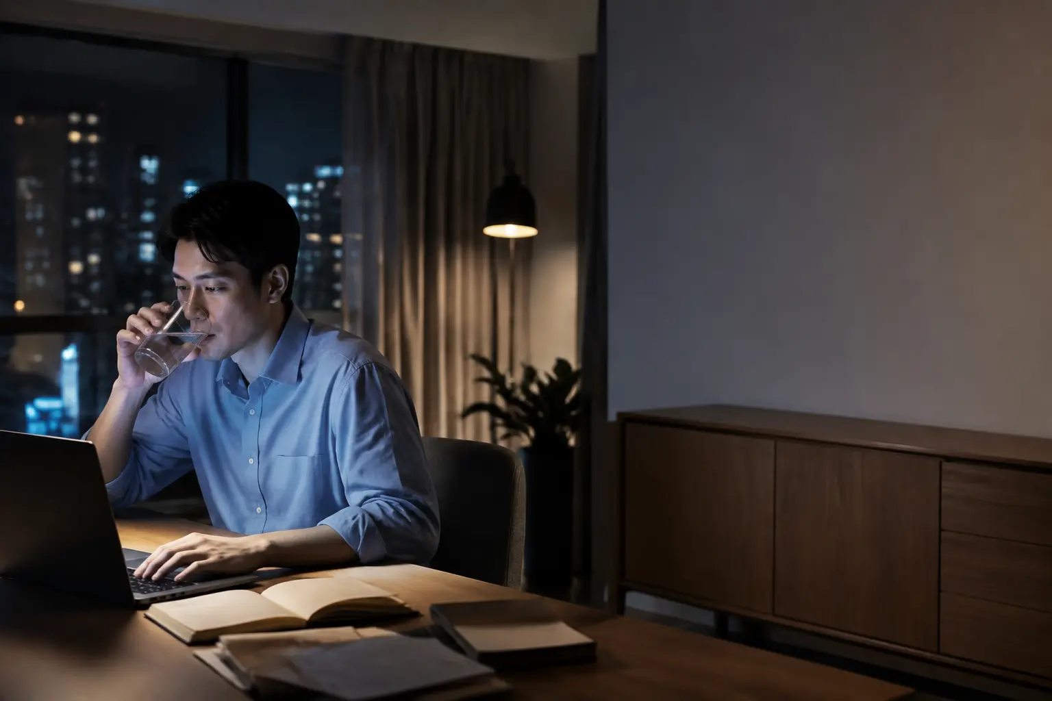 忙碌工作者在深夜補充水分
